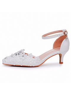 White Lace and Rhinestone Kitten Heels Wedding Shoes
