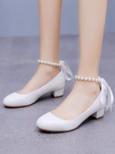 Beaded Ribbons Chunky Heels Round Toe Wedding Shoes