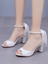 Simple Peep Toe Ribbons Chunky Heel Sandals