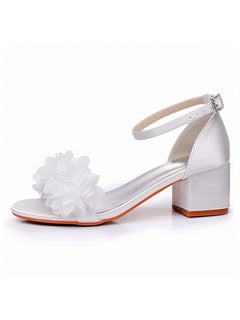 Elegant White Floral Satin Open Toe Low Chunky Heels
