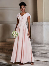 V-neck Cap Sleeves Chiffon Bridesmaid Dresses Pearl Pink