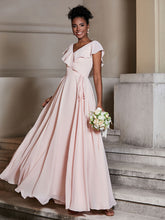 V-neck Cap Sleeves Chiffon Bridesmaid Dresses Pearl Pink