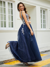Plunging V-Neck Lace Appliqued Tulle Gown Dark Navy