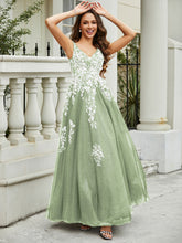 Plunging V-Neck Lace Appliqued Tulle Gown Dusty Sage