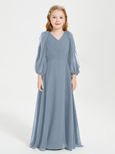 Modest Long Sleeved Junior Bridesmaid Gowns Dusty Blue