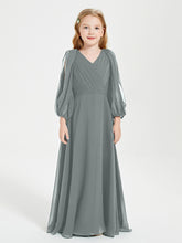 Modest Long Sleeved Junior Bridesmaid Gowns Steel Grey