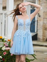 Appliqued Corset Top Short Glitter Prom Dress Sky Blue