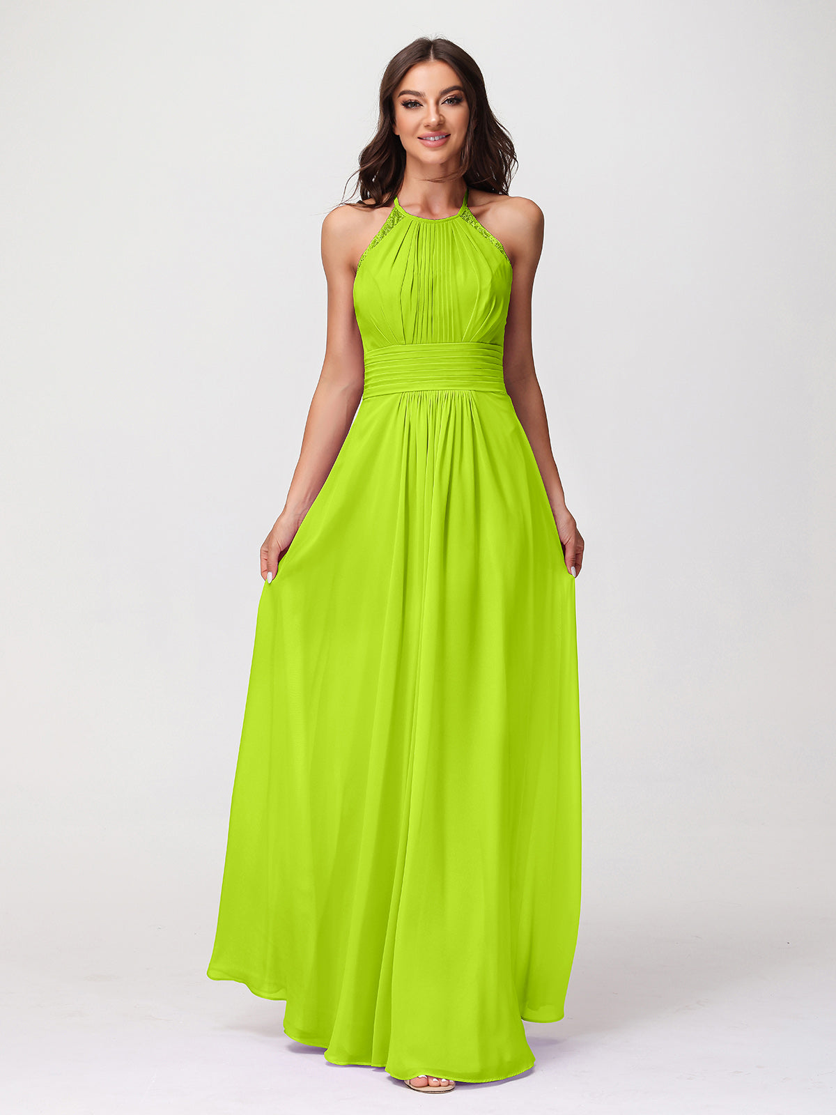 BABARONI Chiffon Lime Green Bridesmaid Dresses A-line Halter Sleeveless Floor-length BABARONI UK BABARONI Chiffon Lime Green Bridesmaid Dresses A-line Halter Sleeveless Floor-length BABARONI UK