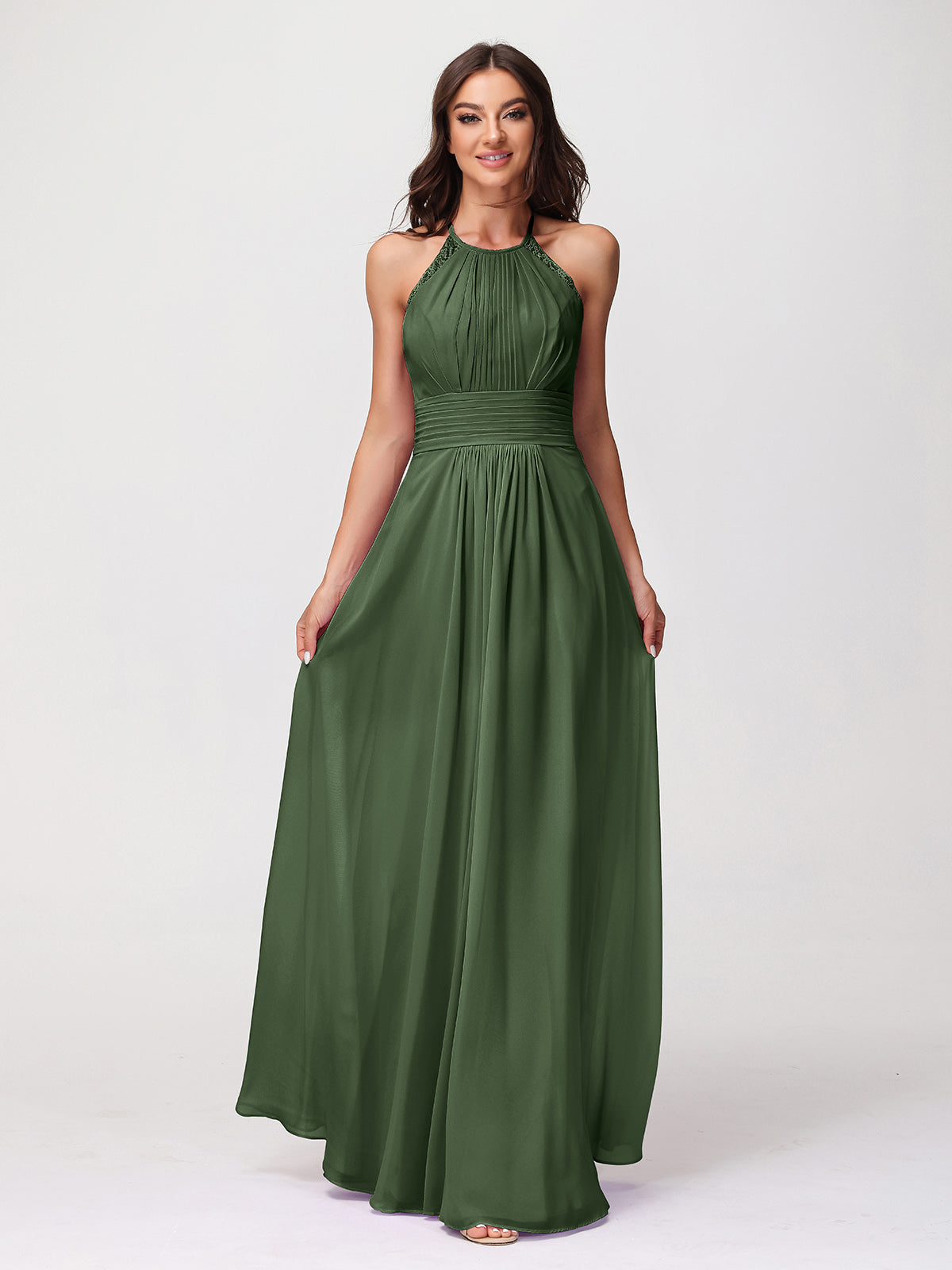 Long Sleeves Bateau Neck Ruched A-line Chiffon Dresses Olive Green