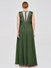 Chiffon and Lace Long Dresses with Illusion Neck Olive Green