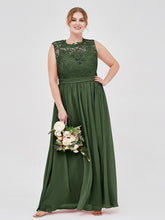 Chiffon and Lace Long Dresses with Illusion Neck Olive Green