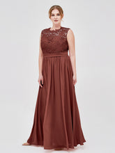 Chiffon and Lace Long Dresses with Illusion Neck Terracotta