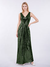 V-neck Sequins Lace Long Dresses Olive Green