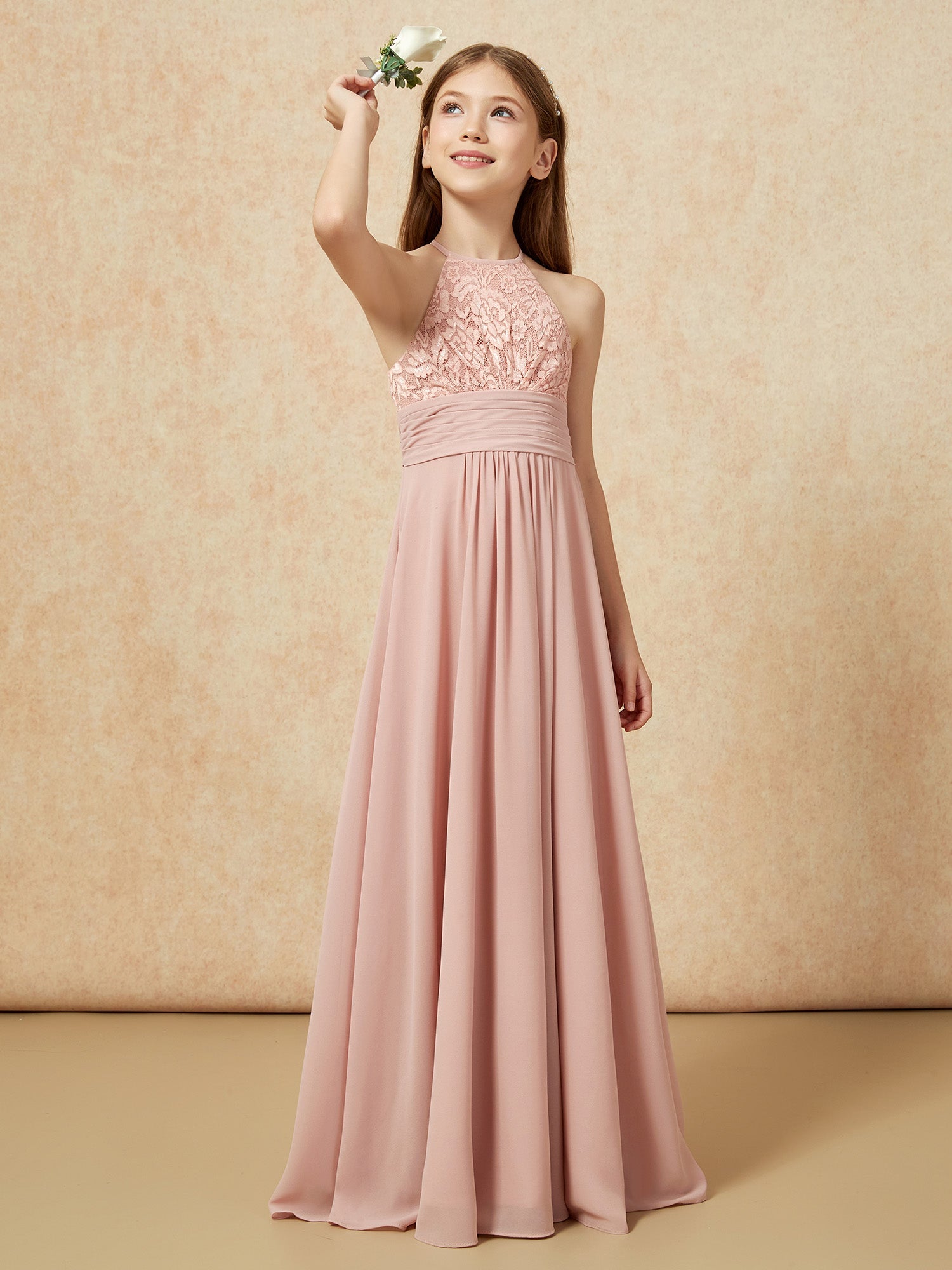 Pleated Lace Chiffon Long Junior Bridesmaid Gown Regency
