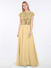 Cap Sleeves Long Dresses with Sequins Top Gold