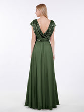 Cap Sleeves Long Dresses with Sequins Top Olive Green