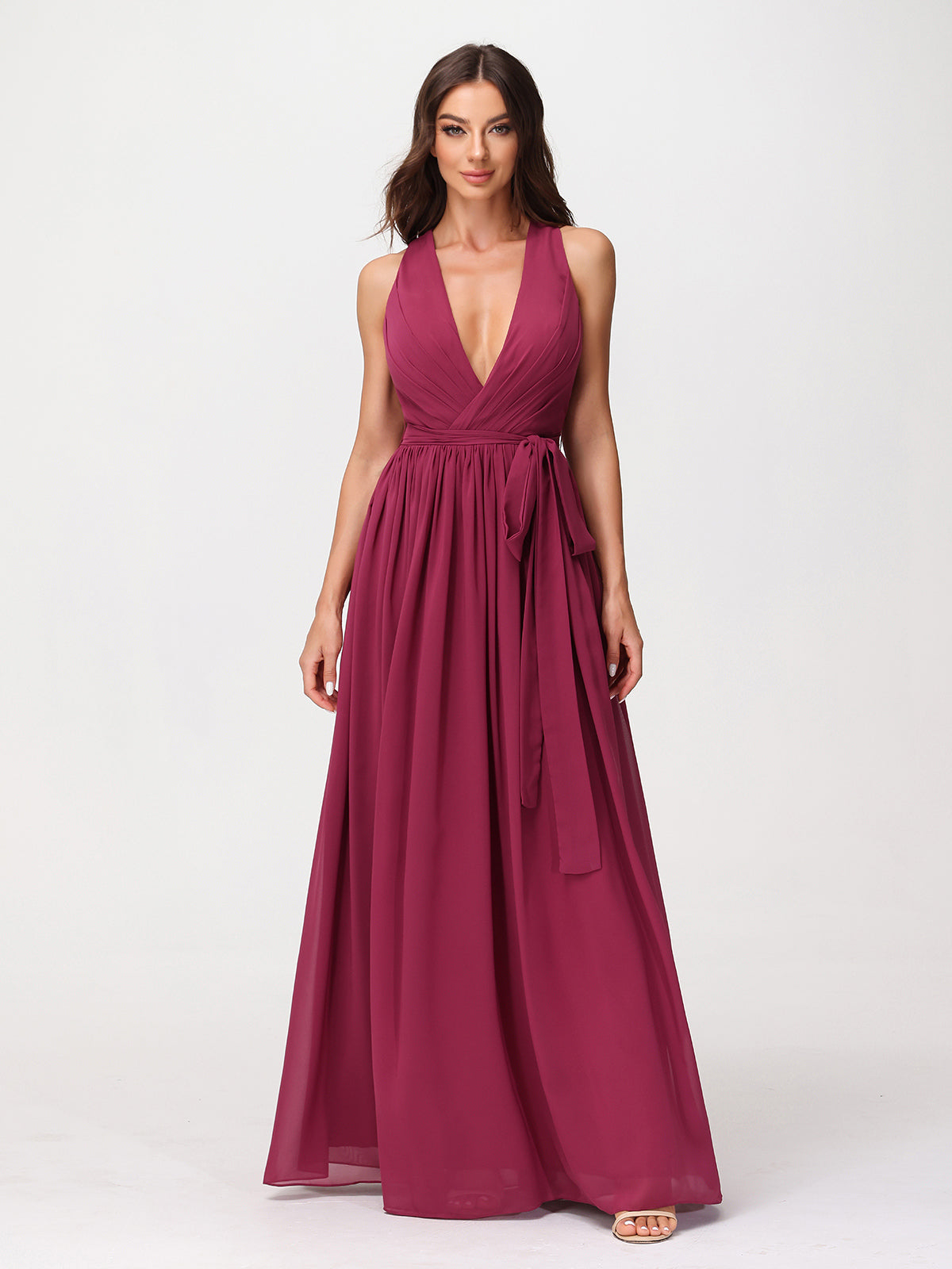 Classic Chiffon Dress with Deep V Neck Cabernet