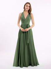Classic Chiffon Dress with Deep V Neck Olive Green