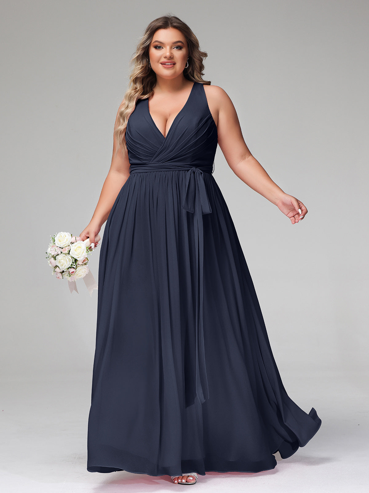 Classic Chiffon Dress with Deep V Neck Dark Navy Plus Size BABARONI BABARONI UK