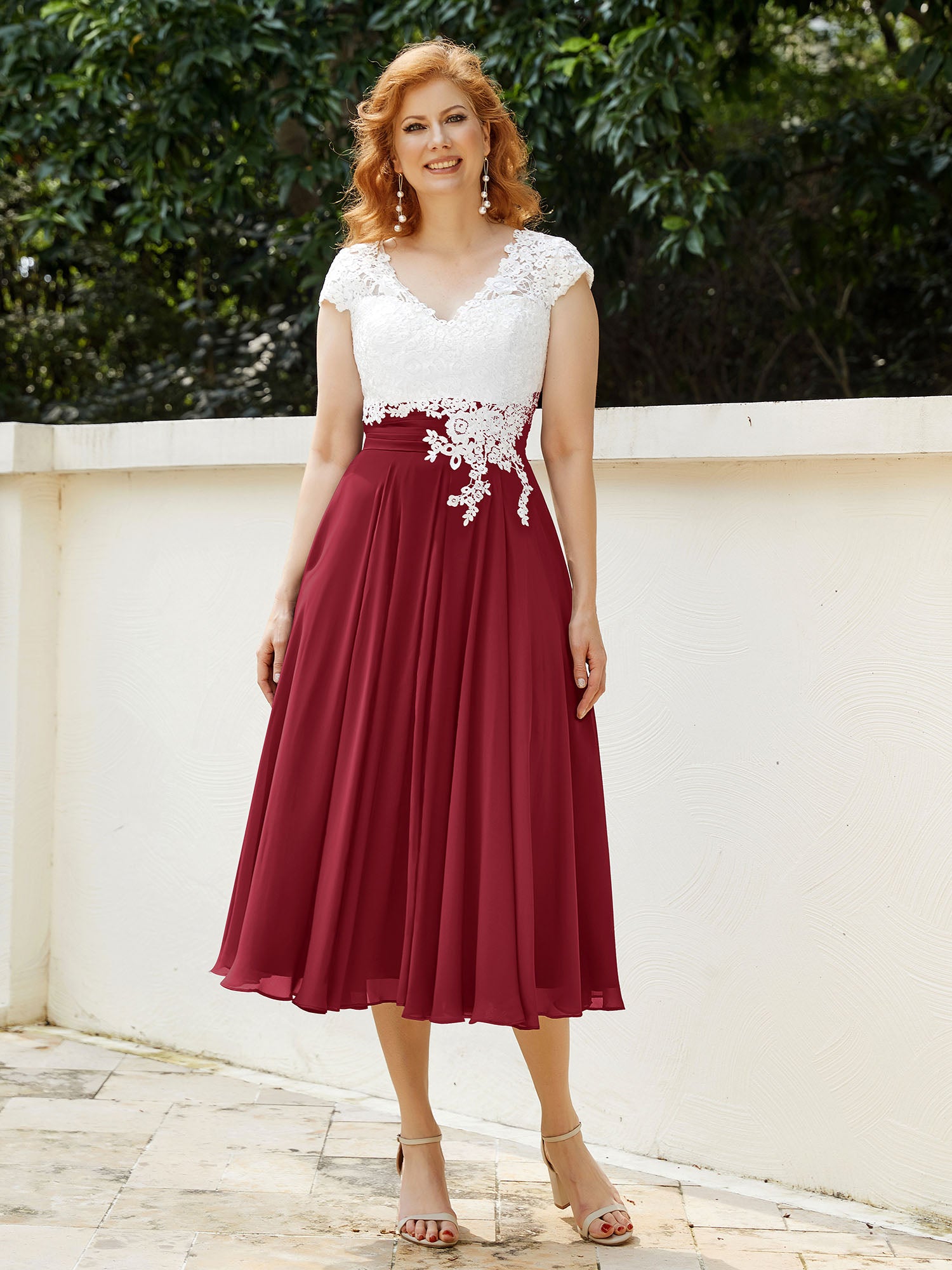 BABARONI Chiffon Burgundy Bridesmaid Dresses A-line V-neck Cap Sleeve Tea- length BABARONI UK BABARONI Chiffon Burgundy Bridesmaid Dresses A-line V-neck Cap Sleeve Tea- length BABARONI UK