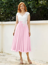 Cap Sleeves Chiffon Dresses with Ivory Bodice Candy Pink