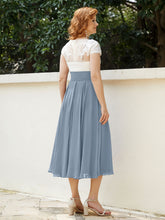 Cap Sleeves Chiffon Dresses with Ivory Bodice Dusty Blue