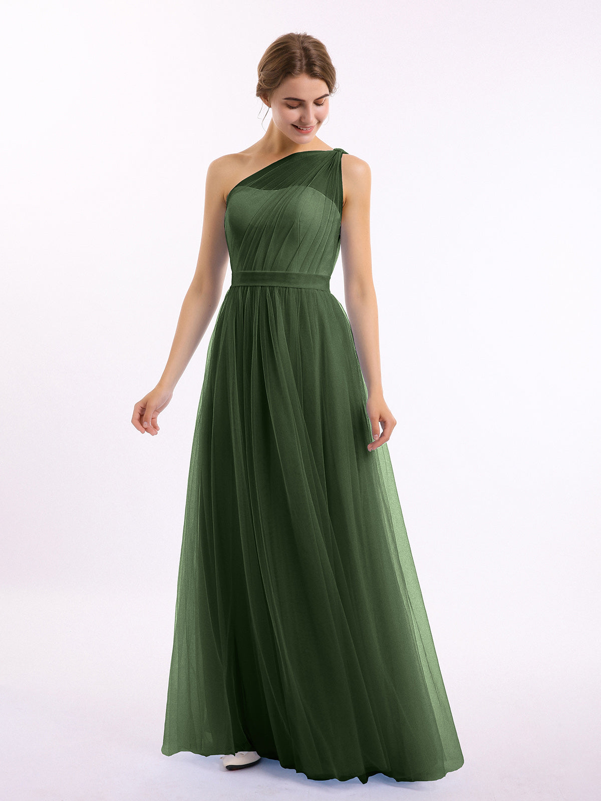 One Shoulder Tulle Long Bridesmaid Dresses Olive Green| BABARONI