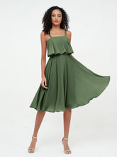 Shoulder Straps Circle Skirt Short Chiffon Dresses Olive Green