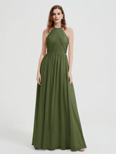 Halter Long Chiffon Dress with Open Back Olive Green