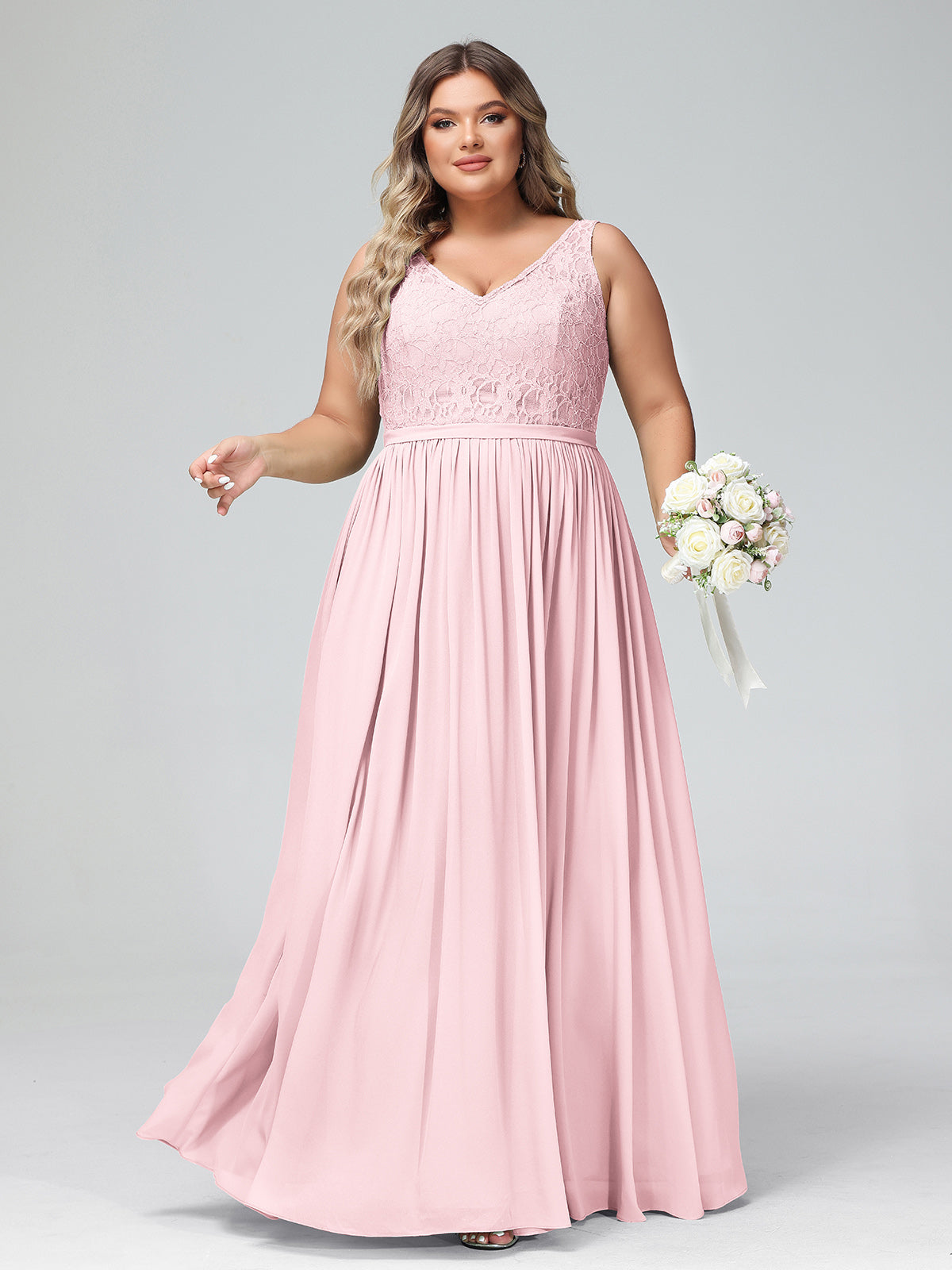 BABARONI Chiffon Lace Blushing Pink Bridesmaid Dresses A-line V-neck  Sleeveless Floor-length – BABARONI UK