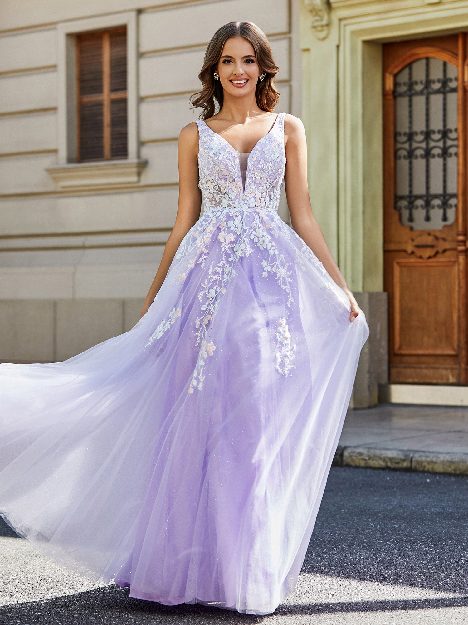 BABARONI Tulle Lilac Prom Dresses A-line Plunging V-Neck Floor-length  Sleeveless – BABARONI UK