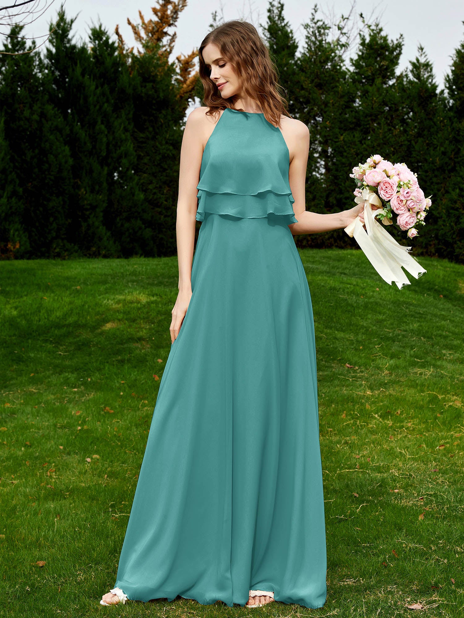 slim fit dress slacks Jade Green Halterneck Drape Detail Dress – John Zack main image 1