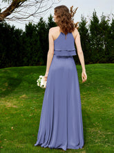 Two Layers Chiffon Top Long Bridesmaid Dress Periwinkle