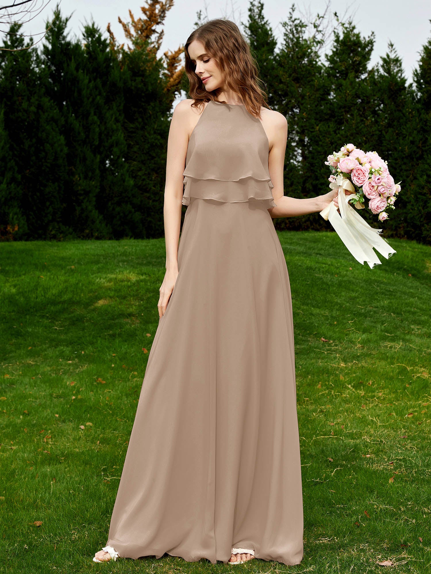 taupe bridesmaid dresses uk BABARONI Chiffon Taupe Bridesmaid Dresses A-line One Shoulder Sleeveless  Floor-length With Slit  BABARONI UK