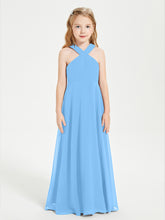 Grecian Neckline Long Dresses for Junior Bridesmaids Blue