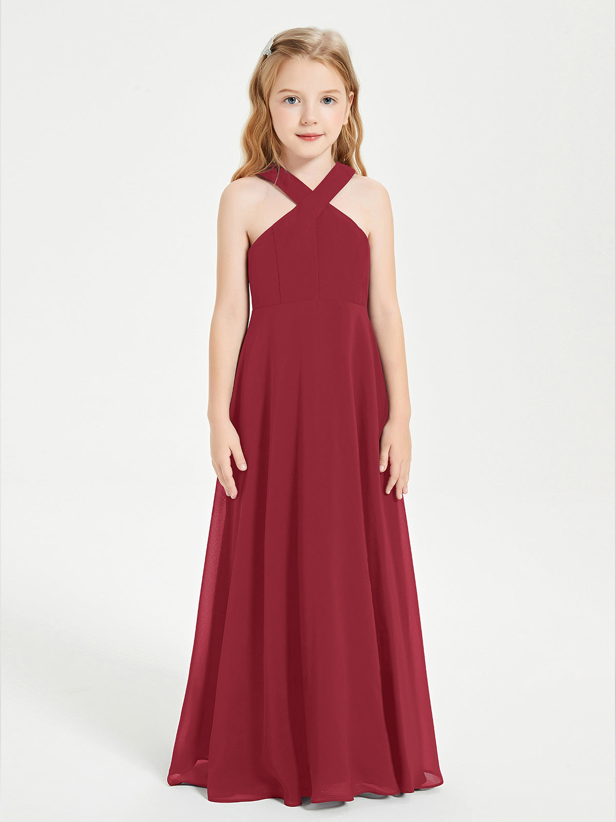 BABARONI Chiffon Burgundy Junior Bridesmaid Dresses A-line Grecian Floor-length Sleeveless – BABARONI UK