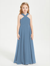 Grecian Neckline Long Dresses for Junior Bridesmaids Slate Blue