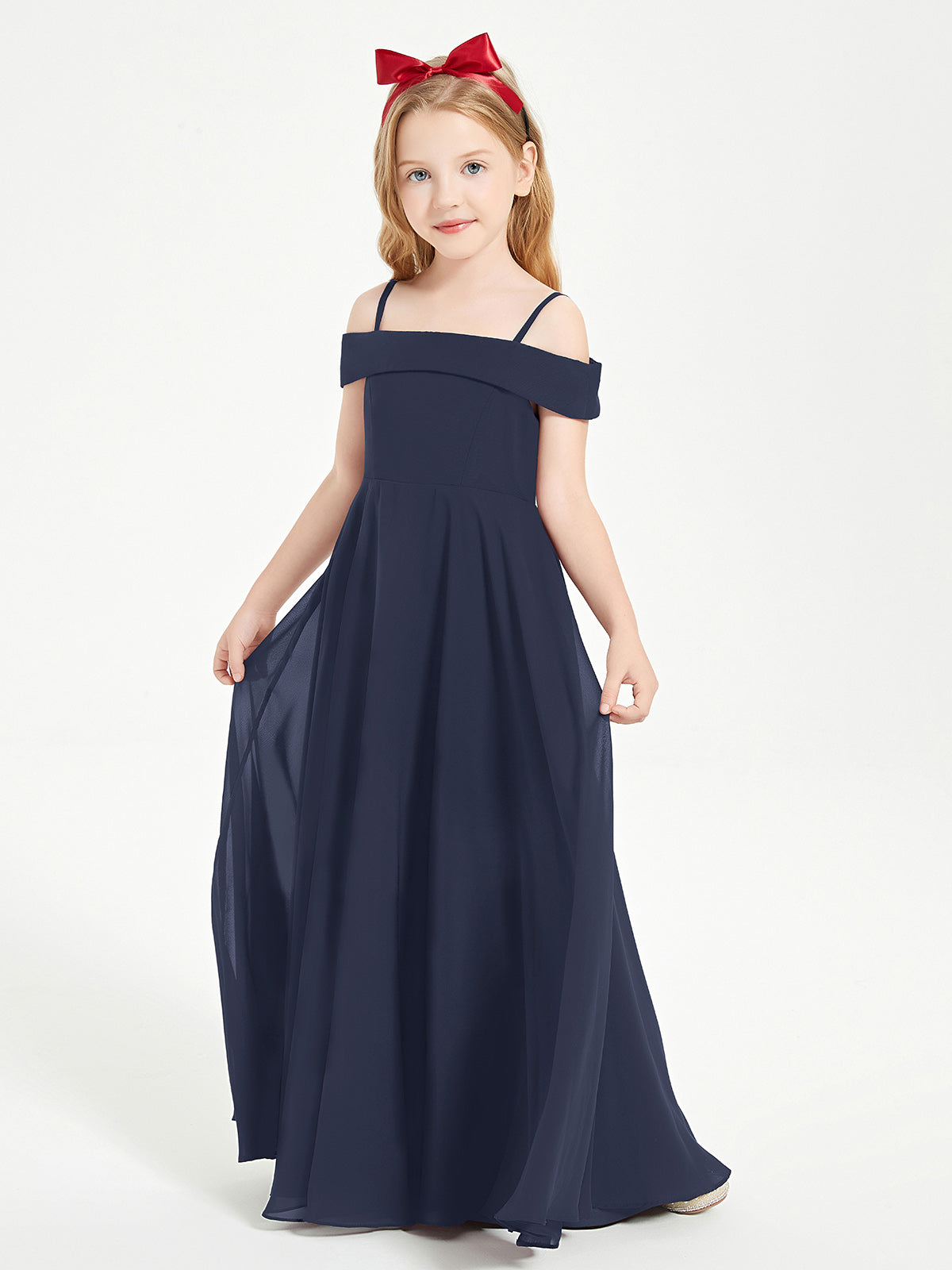 BABARONI Chiffon Dark Navy Junior Bridesmaid Dresses A-line Off-the-shoulder Floor-length Ruched BABARONI UK BABARONI Chiffon Dark Navy Junior Bridesmaid Dresses A-line Off-the-shoulder Floor-length Ruched BABARONI UK