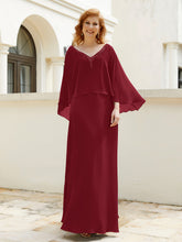 A-line V-Neck Chiffon Gown With Beading Cascading Ruffles Burgundy