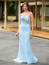 Bow-Front Lace-Embellished Trumpet/Mermaid Gown Sky Blue