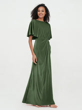V-Back Long Velvet Dresses with Flutter Sleeves Olive Green