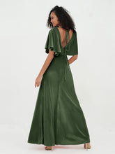 V-Back Long Velvet Dresses with Flutter Sleeves Olive Green