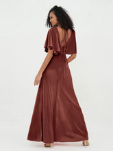 V-Back Long Velvet Dresses with Flutter Sleeves Terracotta