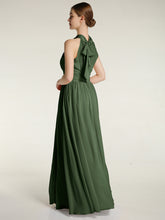 Halter Chiffon Bridesmaid Dress with Slit Olive Green