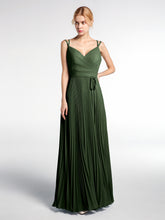 Double Straps Pleated Skirt Dress with Self-tie Olive Green