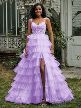 Sweetheart Neck Ruffle Tiered Tulle Dress With Slit Lilac
