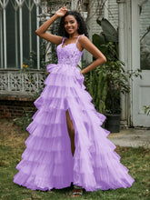 Sweetheart Neck Ruffle Tiered Tulle Dress With Slit Lilac