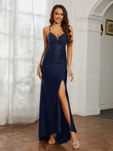 Sweetheart Rhinestone Sheath Dress With Slit Dark Navy