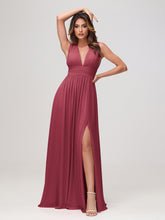 V-neck Sleeveless Chiffon Pleated A-line Dress with Slit Cinnamon Rose