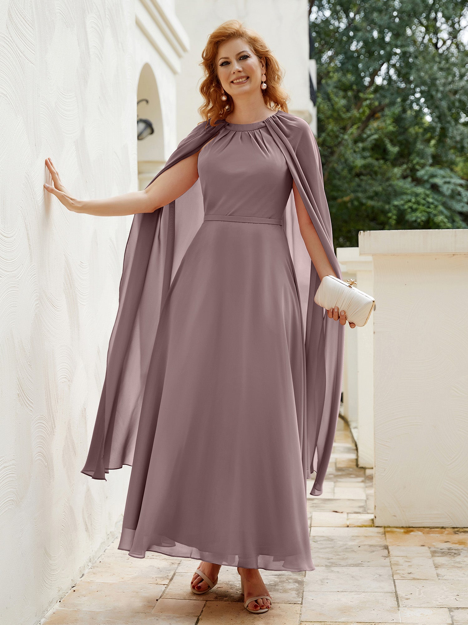 A line Scoop Tea length Chiffon Gown Vintage Mauve BABARONI